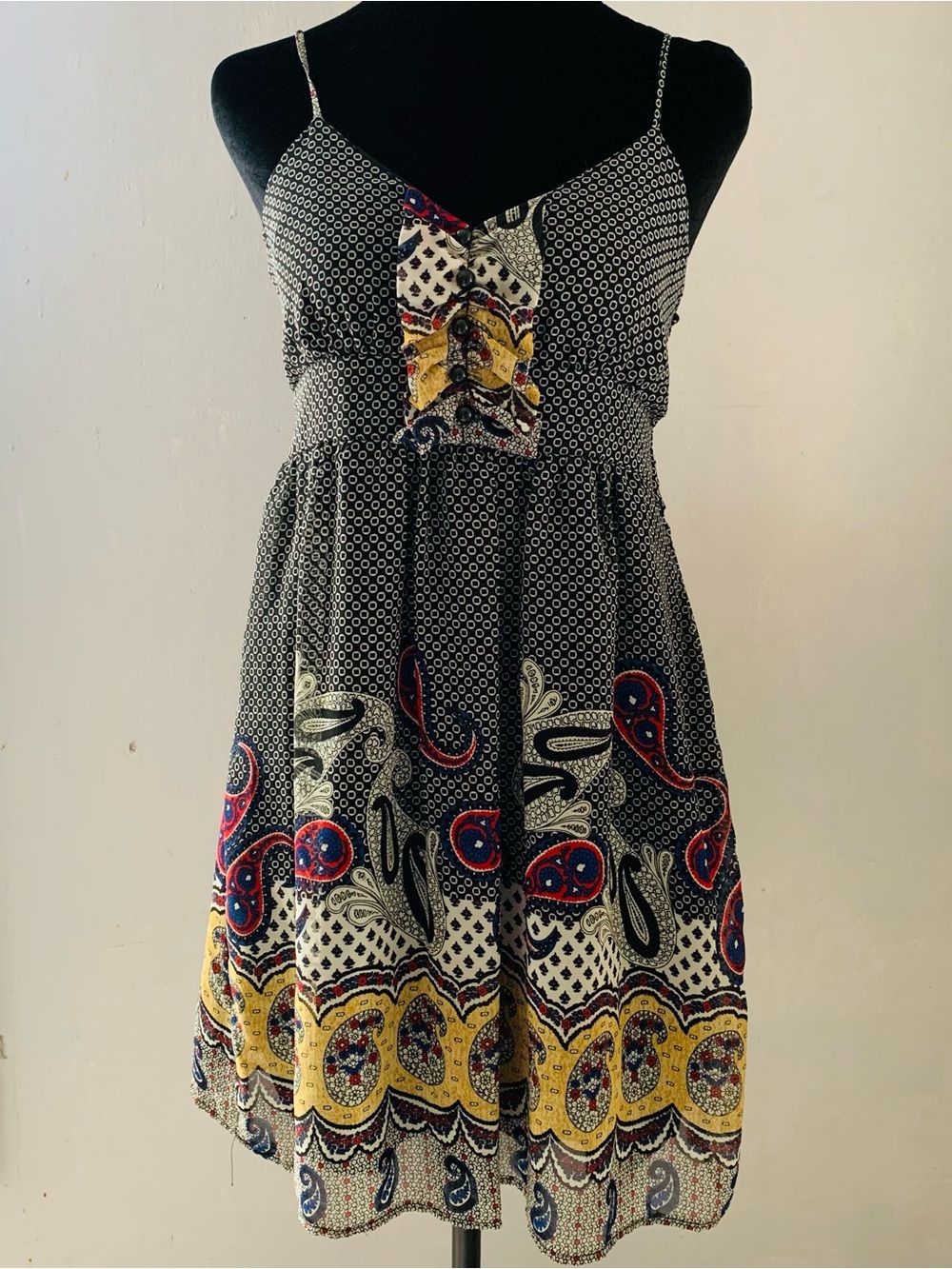 Boho Paisley Print Spaghetti Strap Mini Sundress Black Yellow Size Small S